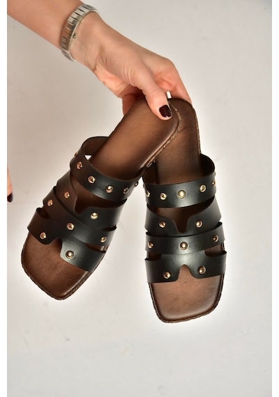 Fox Shoes Y390755203 Siyah Hakiki Deri Kadın Terlik Siyah