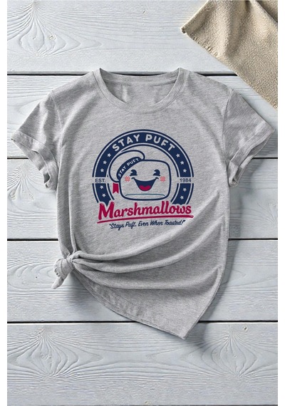 Uyguntarz Unisex Sevimli Marshmallows Baskılı Tasarım Tshirt Gri