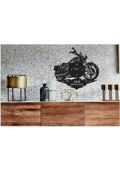 Kişiye Özel Isimli Harley Davidson Temalı Ahşap Duvar Saati Siyah