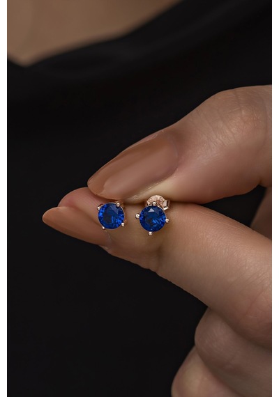 925 Ayar Gümüş Rose 5 Mm Lacivert Taşlı Tektaş Küpe Pembe Altın