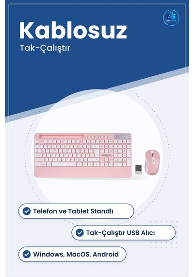 Klavye Mouse Set Kablosuz Telefon Ve Tablet Standlı Beyaz Pembe O