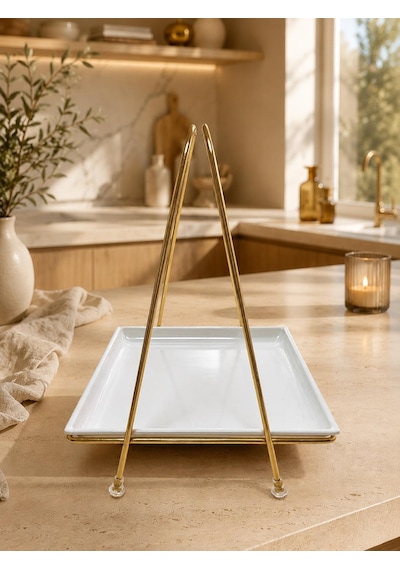Gold Metal Standlı Melamin Servis Tepsisi Dekoratif Sunum Standı