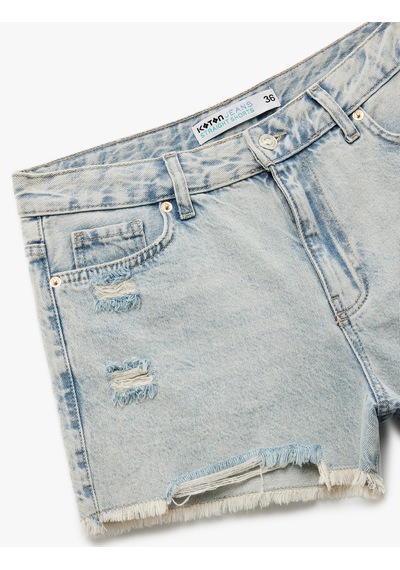 Koton Rahat Kalıp Pamuklu Püsküllü Paça Mini Denim Şort Açık İndigo 5sal40334md Açık İndigo