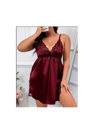 Real Passione Büyük Beden Dantel Detaylı Kadın Mini Gecelik Bordo - 906689574 Bordo