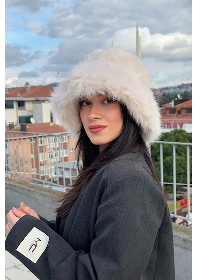 Mollycrush Suni Kürklü Peluş Bucket Kalpak Şapka Luxury Kadın Bej Rus Slav Tarzı Bej