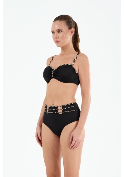 Louren Kadın Siyah/mavi Biye Detaylı Kaplı Telli Yüksek Bel Straplez Bikini Takımı Siyah