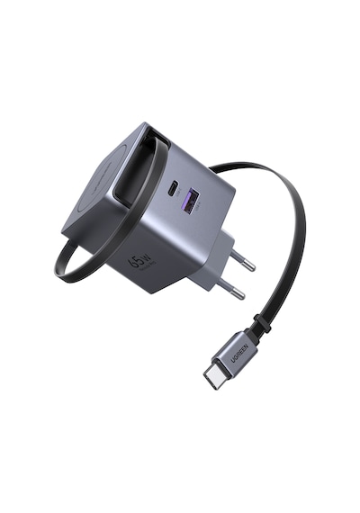 Ugreen 65w Makaralı Dahili Kablolu Gan Hızlı Şarj Cihazı, 2xusb-c, 1xusb-a, Gri, 65825