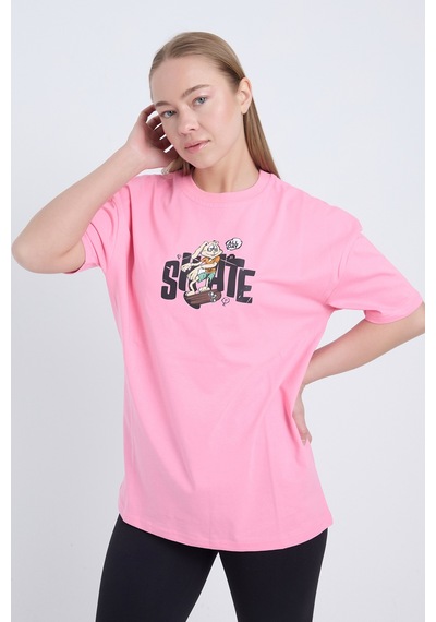 Velvoria Oversize Kadın Shate Baskılı Pembe Renk T-shirt