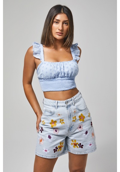 it's basic Kadın Ice Kot Rengi 3s5-3 Renkli Çiçek Nakışlı Midi Boy Rahat Kesim %100 Koton Tasarım Denim Şort Ice Rengi