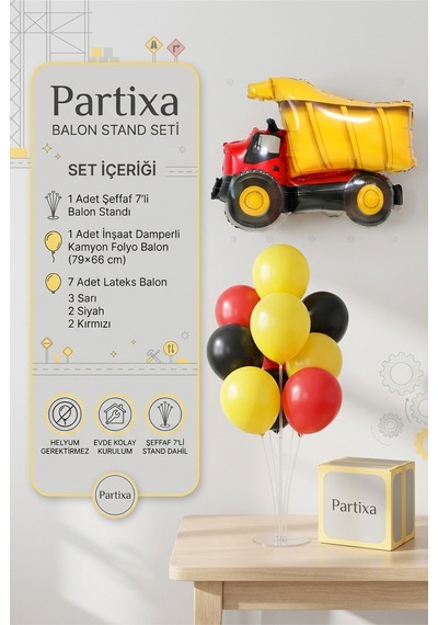 İnşaat Damperli Kamyon Balon Stand Seti Şeffaf 7 Li Stand + Damperli Kamyon Folyo Balon 79 66 Cm + 7 Lateks Balon