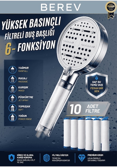 6 Fonksiyonlu Krom Filtreli Duş Başlığı 10 Adet Yedek Filtre Su Tasarruflu Basınçlı Kireç Klor Önleyici
