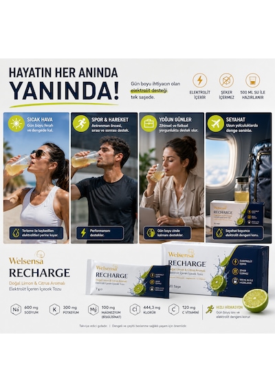 Welsensa Recharge 20 Saşe Elektrolit İçeren İçecek Tozu Doğal Limon & Citrus Aromalı 1 Adet