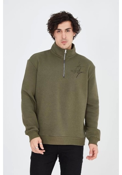 Erkek Yarım Fermuarlı Baskılı Sweat - Yeşil Yeşil