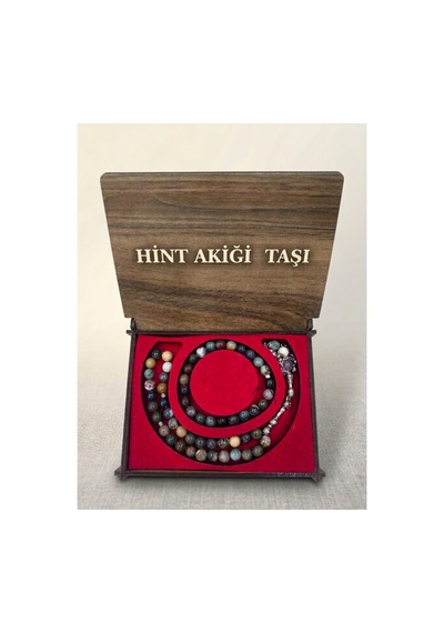 Hint Akiği Taşı Doğal Taş Tesbih Bileklik Seti Özel Ahşap Kutulu Çok Renkli Çok Renkli