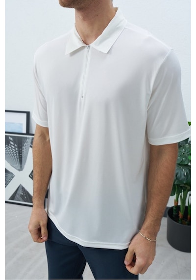 Baselco Polo Yakalı Fermuarlı Fresh Vizkon T-shirt - Tiril Tiril Esnek Beyaz