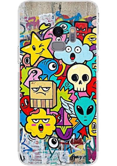 Samsung Galaxy S9 İle Uyumlu Grafiti Doodle Tasarımlı Şeffaf Silikon Kılıf Şeffaf