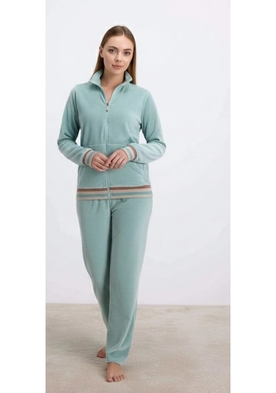 Bicomi Kadife Dokulu Uzun Kollu Sweatshirt Ve Pantolon Takımı Yeşil