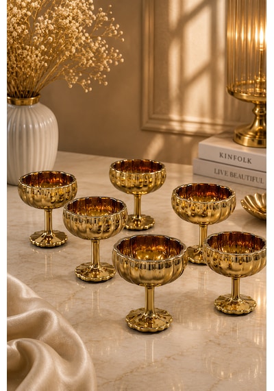 6 Lı Gold Kaplama Cam Ayaklı Kahve Yanı Lokumluk Kahvaltılık Kase Sunumluk Reçellik 50ml