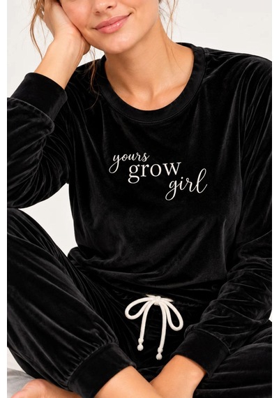 Gd Goldoremi Kadın Premium Likralı Uzun Kollu Kadife Pijama Takım Siyah