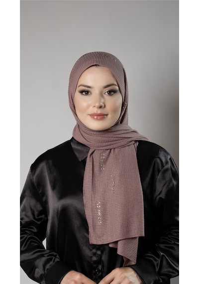 Hürrem Bone Gül Kurusu Pratik Hazır Geçmeli Tesettür Şal Örme Kumaş Taşlı Yıldız Desenli 2118y 18