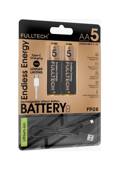 Fulltech 2'li Paket Usb Type-c Şarjlı Kalın Aa Pil 1.5v Yüksek Performanslı Lityum Pil