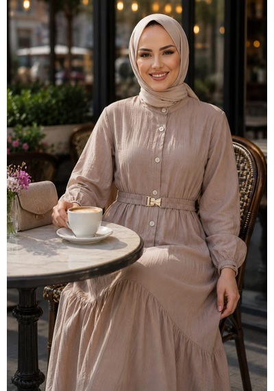 Hb Harma Time Butik Kadın Düğmeli Kemerli Çilek Kumaş Bej Elbise
