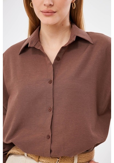 Armonika Kadın Kahve Oversize Uzun Basic Gömlek Arm-22y001118