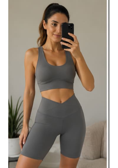 Cocosushicooo Kadın Gri Spor Takım Yüksek Bel Toparlayıcı Biker Tayt Ve Sırt Detaylı Spor Büstiyer