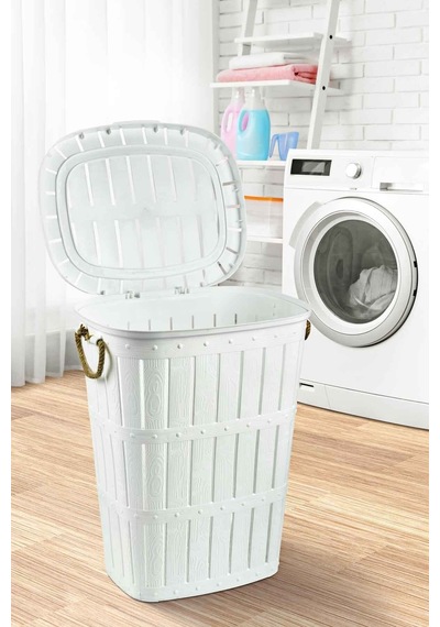 Ahşap Görünümlü Halatlı Kirli Sepeti - Çamaşır Sepeti - Plastik Sepet Beyaz - 45442394 Beyaz