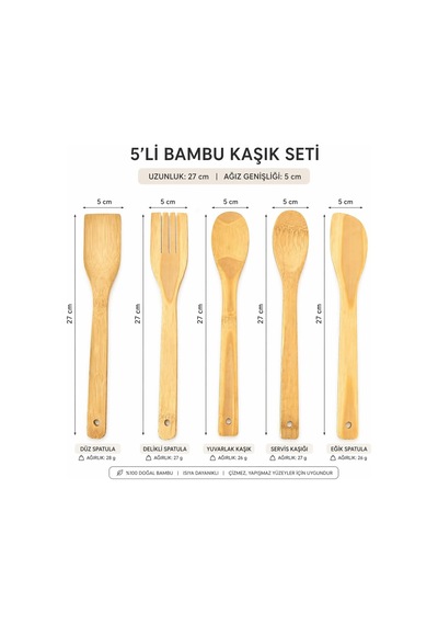 Tr 5 Parça Bambu Mutfak Kaşık Seti %100 Doğal, Çizilmeye Karşı Korumalı, Isıya Dayanıklı, Hafif, Ergonomik