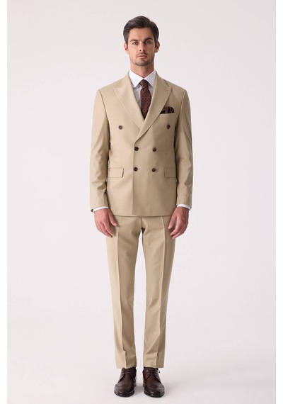 Erkek Bej Slim Fit Yün Kruvaze Takım Elbise