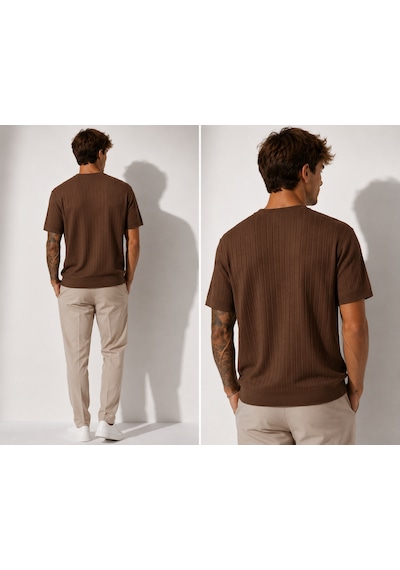 Ribana Erkek Kısa Kollu Fitilli Bisiklet Yaka Esnek T-shirt 26113 Kahverengi