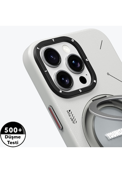 Apple Uyumlu iPhone 16 Pro Kılıf Magsafe Şarj Özellikli 360 Standlı Deri Desenli Youngkit Tech Leather Serisi Gri