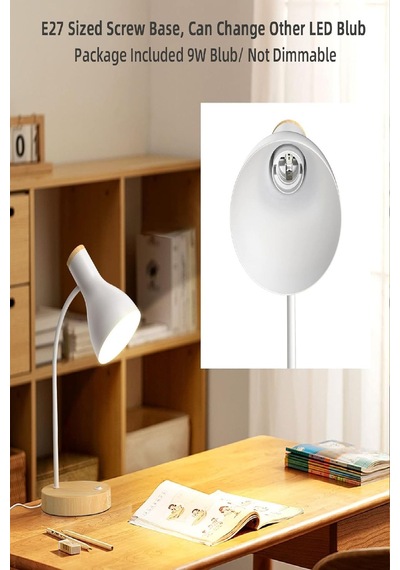 Usb Led Masa Lambası Gri Ahşap Tabanlı Modern Dekoratif, Şık Esnek Boyunlu Ofis Ve Çalışma Lambası Gri