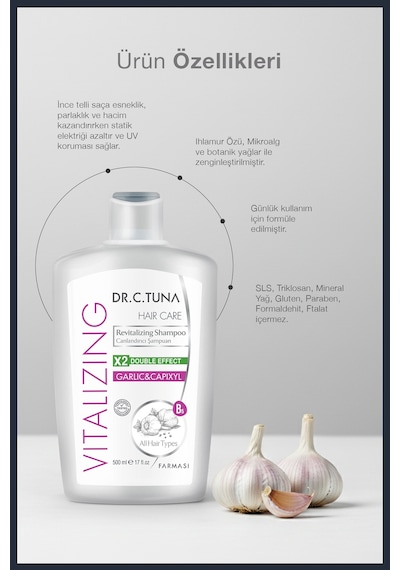 Dr. C. Tuna Vitalizing Sarımsak & Capixyl Koparak Dökülen Saçlar Için Canlandırıcı Şampuan 500 Ml Tüm Saç Tipleri