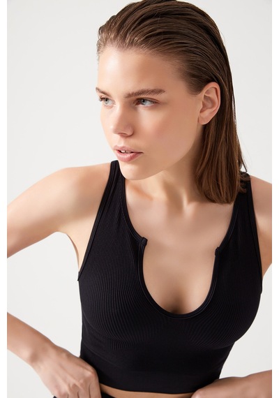 Los Ojos Kadın Siyah Askılı Fitilli Crop Top Büstiyer Scoop Siyah