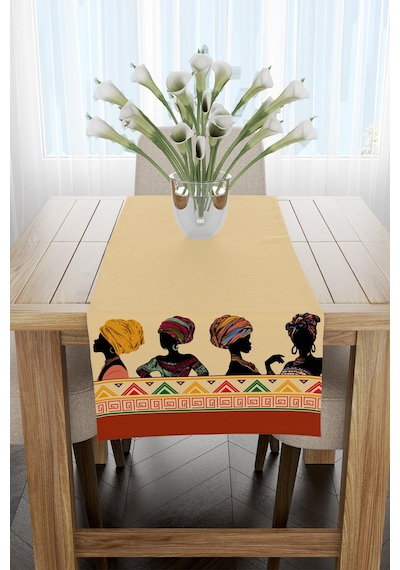 Renkli Etnik Afrika Kadın Figürlü Runner 40x140cm Yeşil