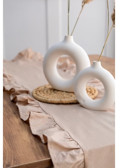 Naturel Kahve Fırfırlı Keten Runner - 40x110 Cm Kahverengi