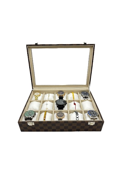 Saat Kutusu 15 Bölmeli Camlı Organizer Ekose Tasarım