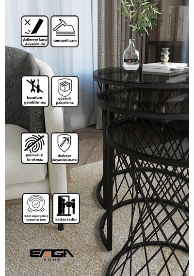 Emga Home Zenith Zigon Sehpa - Füme Cam Füme