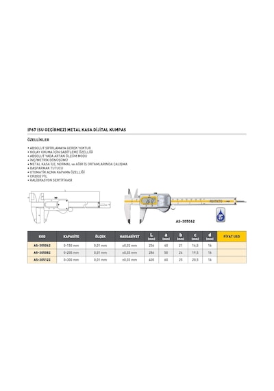 Fett 0-300mm Asimeto Ip67 Su Geçirmez Metal Kasa Dijital Kumpas As-305122