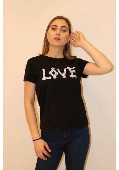 Rich Kadın Bisiklet Yaka T-shirt %100 Pamuk Tişört SIYAH