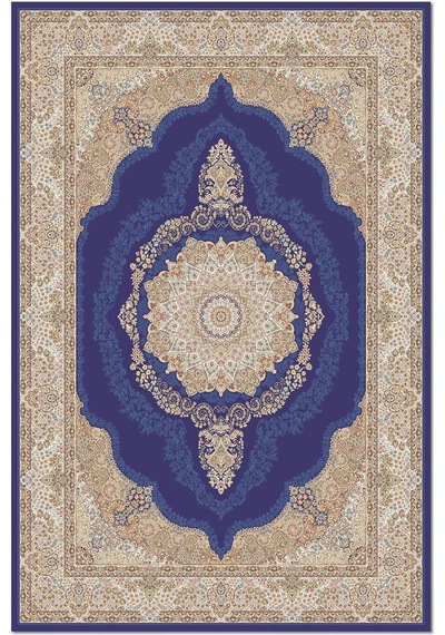 Bespoky Kırmızı Bej Madalyon Desenli Bordür Detaylı Salon Halısı Mavi - Kobalt Mavi - Is009