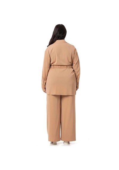 Disentis Büyük Beden Beli Kemerli Gömlek Pantolon Camel İkili Takım-camel Camel