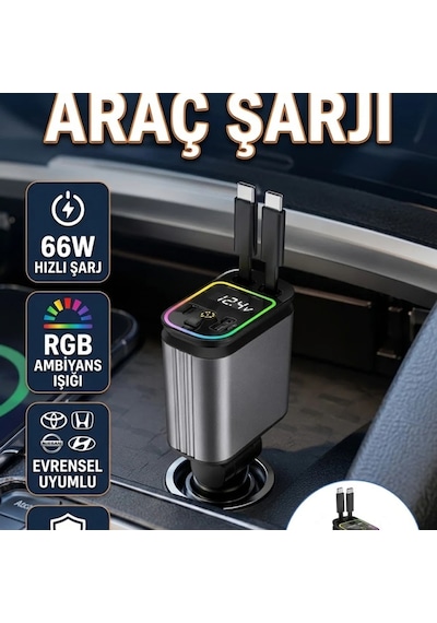 Toyota Honda Nissan Hyundai Uyumlu 66w 4 Port Hızlı Araç Şarj Cihazı Pd Qc Destekli Led Işıklı