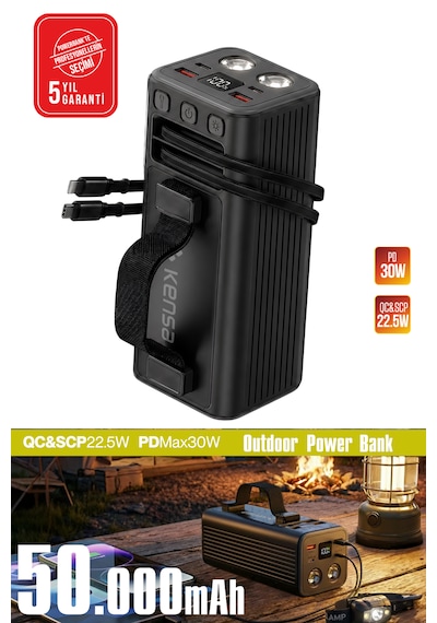 50000mah Powerbank 30w Pd 22.5w Qc Hızlı Şarj Dahili Usb-c Lightning Kablolu Led Fenerli Taşınabilir Şarj Cihazı