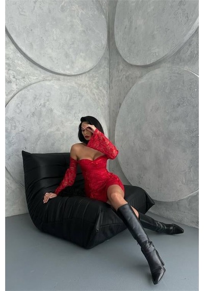 Dip Moda Kadın Kırmızı Glop Detaylı Dantel Mini Elbise Dpnbdf105 Kırmızı