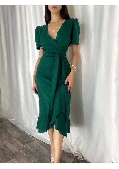 Defymoda Kadın Kruvaze Yaka Midi Boy Kuşaklı Krep Elbise 120 Cm Yeşil