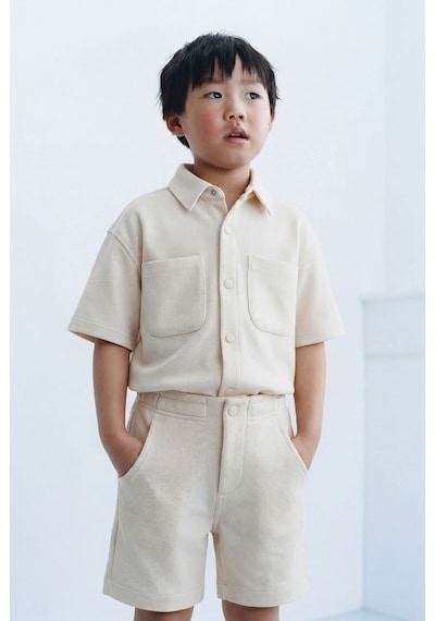 Magu Erkek Çocuk Pamuklu Bej Oversize Gömlek Şort Takım