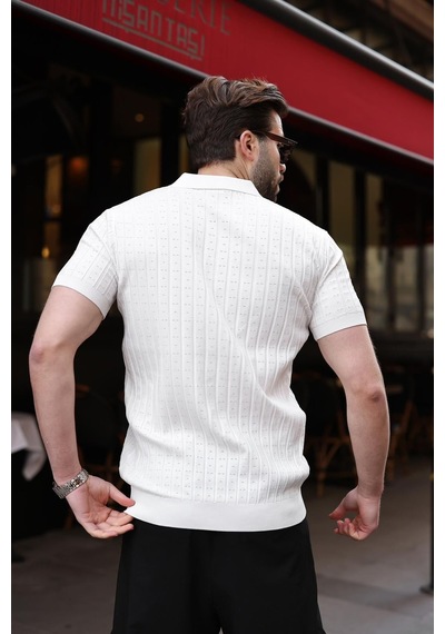 Beyaz Polo Yaka Slim Fit Triko Erkek Tişört E7465 Beyaz